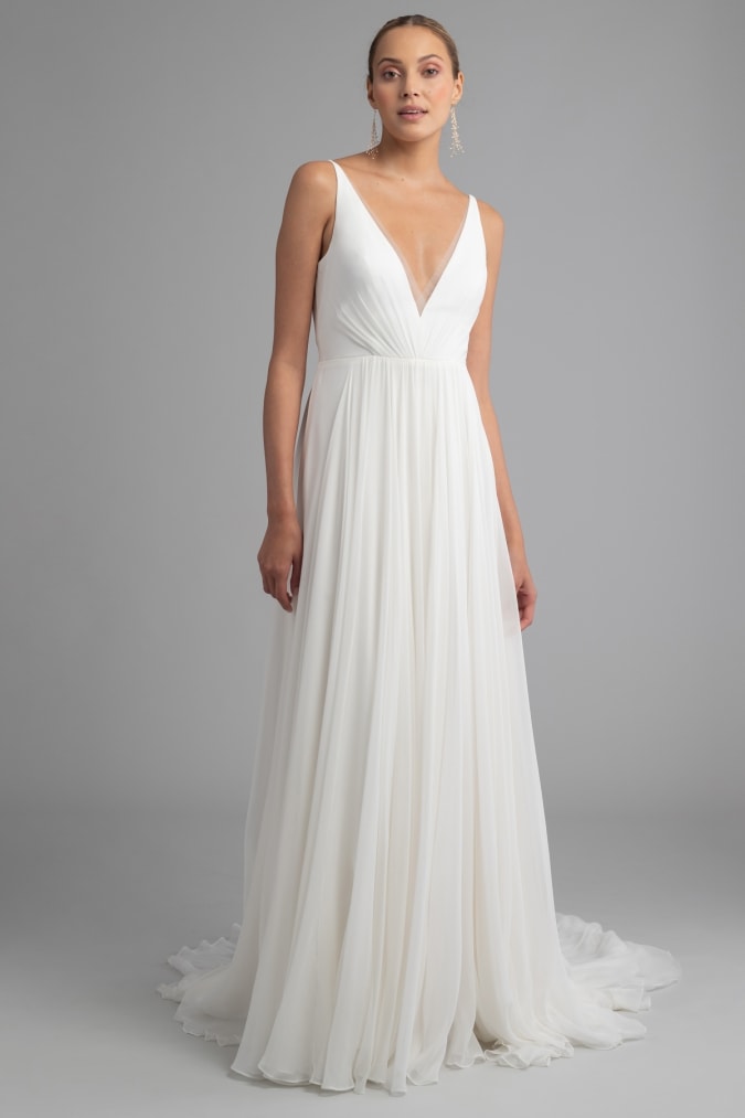 V neck ivory wedding dress with soft pleats Monica by Jenny Yoo