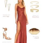maxi length rust satin slip dress with gold accessories