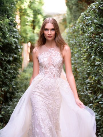 Embellished lace wedding dress with overskirt