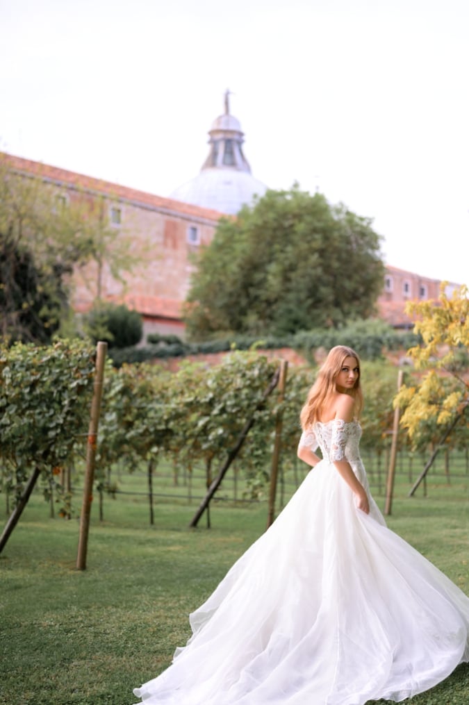 lace bodice off the shoulder wedding dress with half sleeves