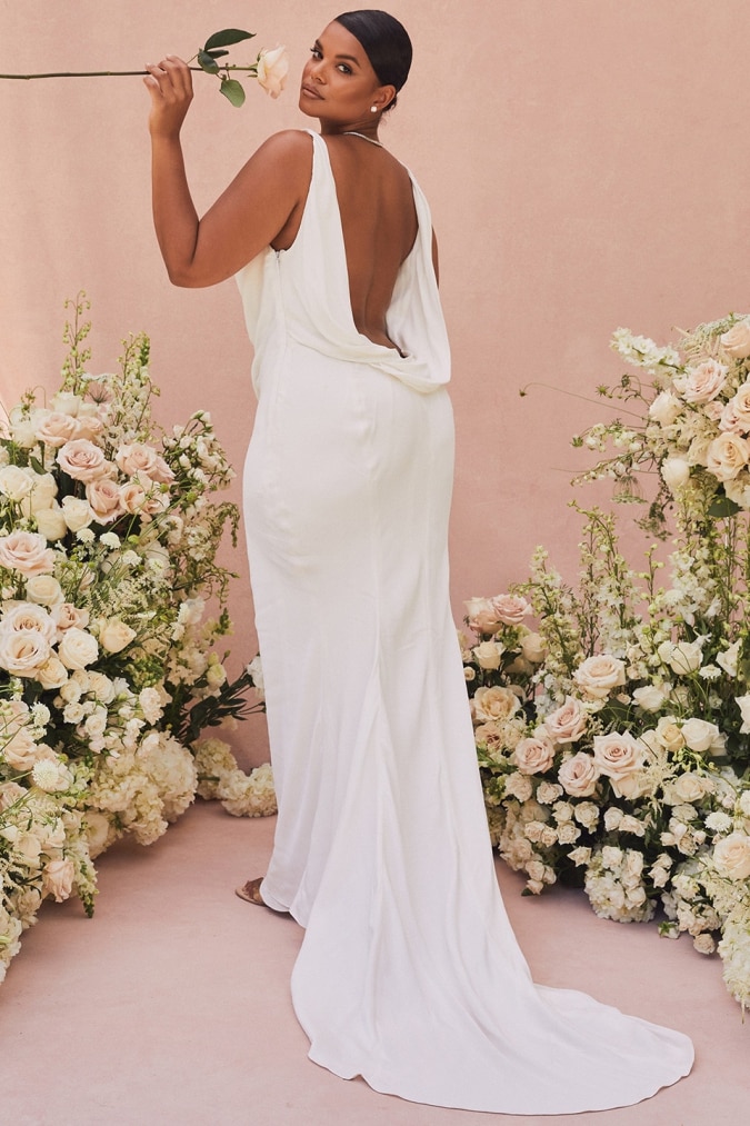 Open draped back plus size wedding dress