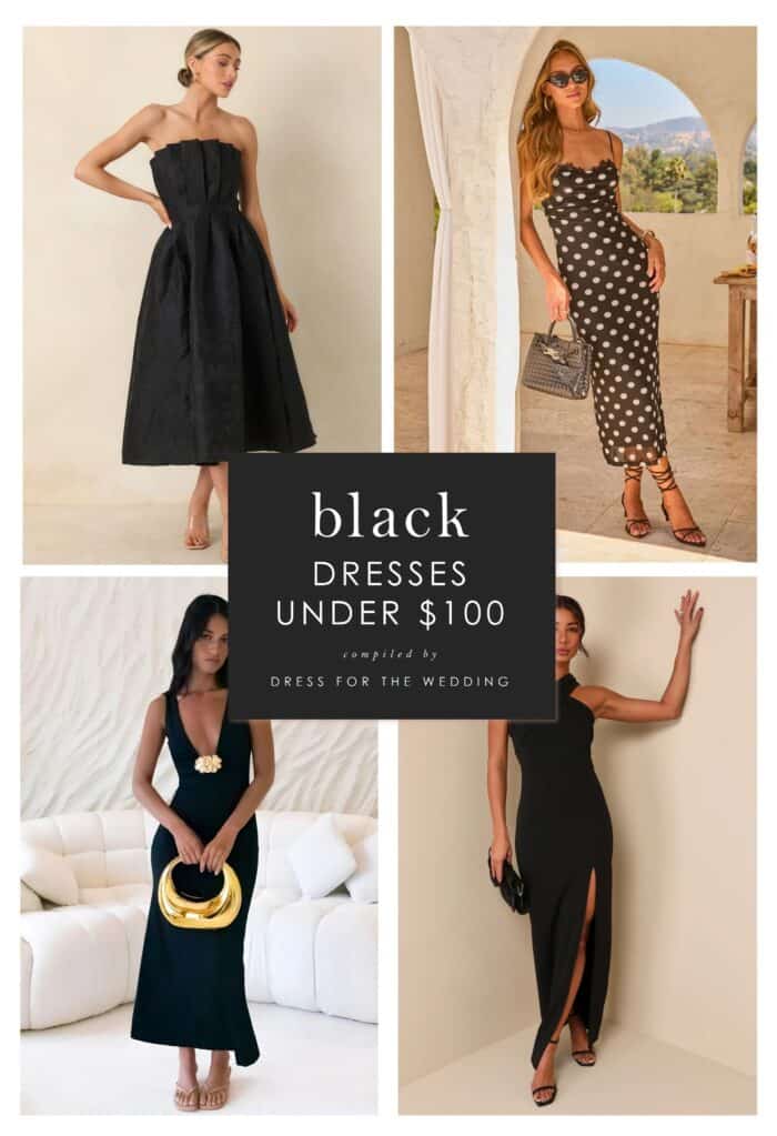 Collage with 4 black dresses on models for article about affordable wedding guest dresses