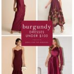 Cover for article. Collage of 4 burgundy dresses on models. Text in a burgundy colored box: Burgundy dresses under $100.