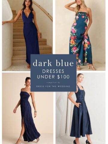 Cover collage with 4 navy blue dresses on models and white text over a blue background that says dark blue dresses under $100