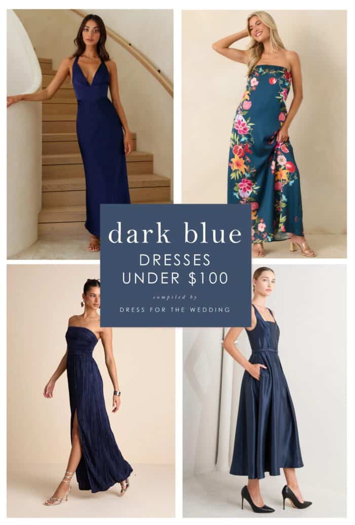 Cover collage with 4 navy blue dresses on models and white text over a blue background that says dark blue dresses under $100