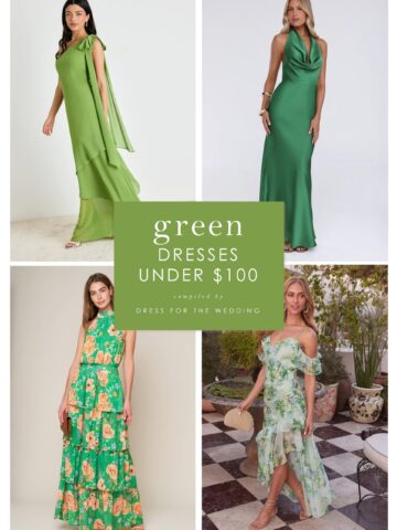 Collage showing product images of four green dresses on models with text: green dresses under $100