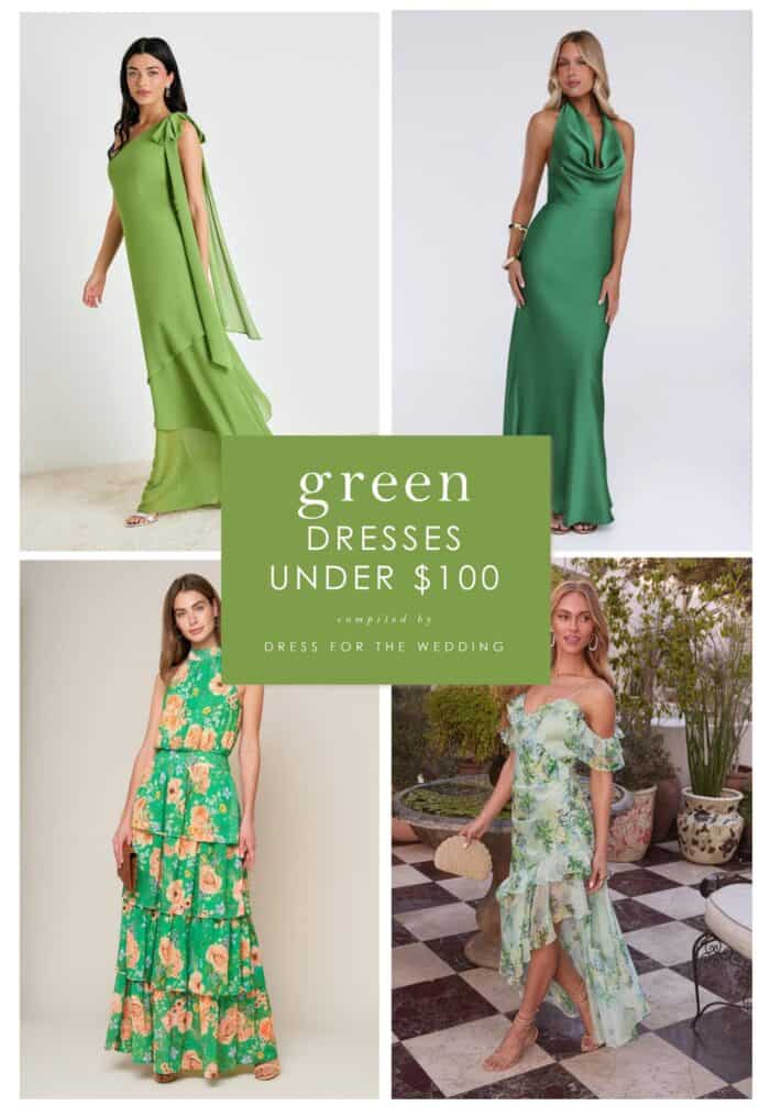 Collage showing product images of four green dresses on models with text: green dresses under $100