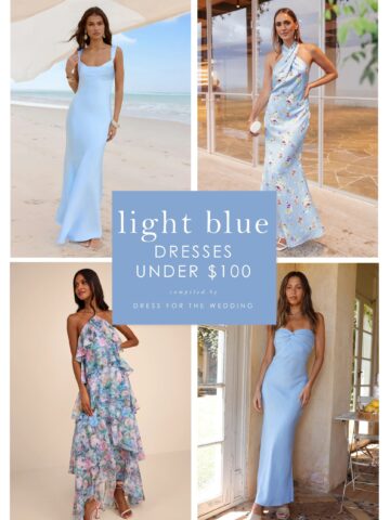Cover for article on light blue dresses under $100 for wedding guests and bridesmaids. Collage shows 4 light blue dress product images on models.
