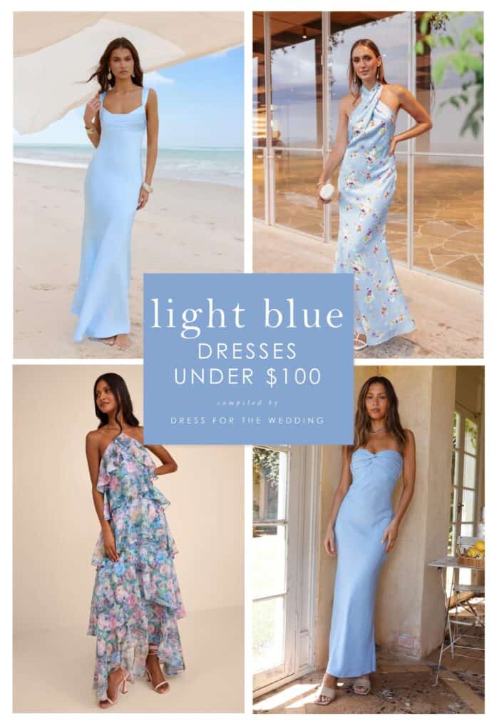 Cover for article on light blue dresses under $100 for wedding guests and bridesmaids. Collage shows 4 light blue dress product images on models.