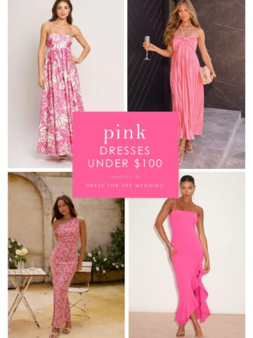 Cover image collage showing pink dresses on models with white text on a pink background that says pink dresses under $100