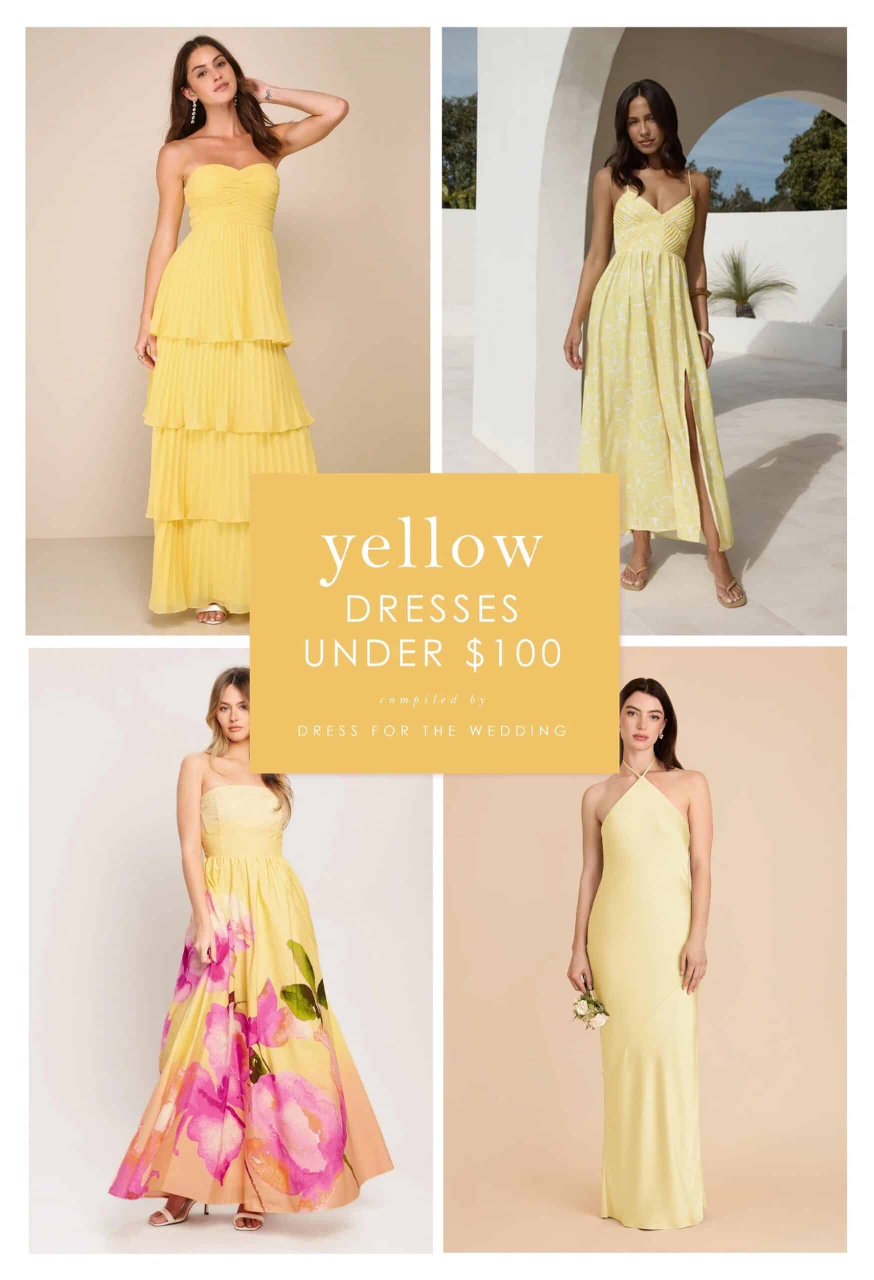 Yellow dresses on models in a collage format with text that says yellow dresses for under $100