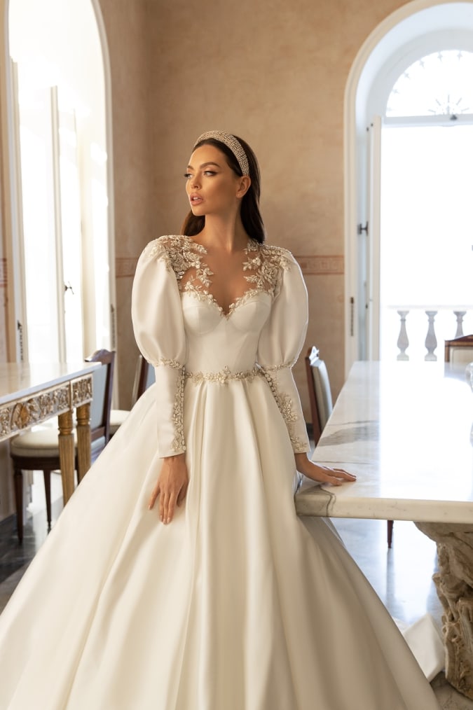 Puff sleeve embellished wedding dress