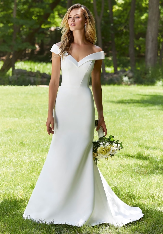 Off the shoulder simple ivory wedding dress 