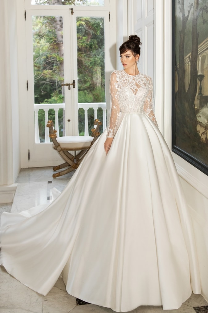 Silk ball gown wedding dress with long lace sleeves