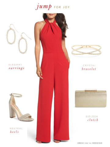 A holiday party outfit with a red halter jumpsuti and gold earrings bracelet, shoes and clutch