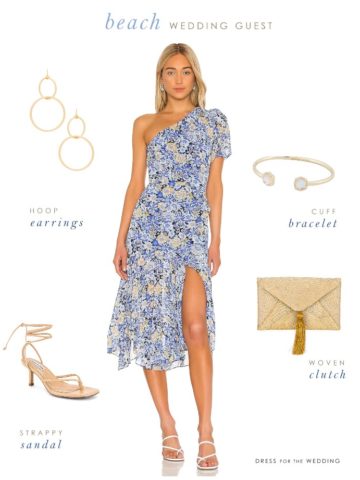 Beach wedding guest outfit with a blue floral dress and accessories