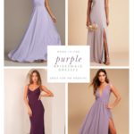 4 images of purple dresses on models arranged in a collage showing purple dresses for bridesmaids to wear.