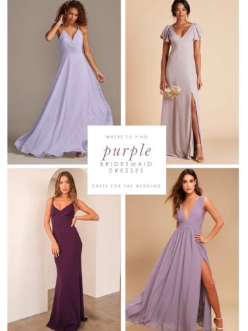 4 images of purple dresses on models arranged in a collage showing purple dresses for bridesmaids to wear.