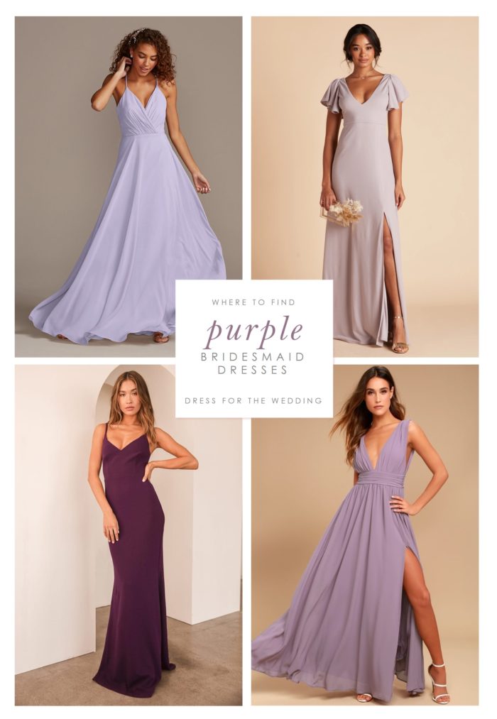 4 images of purple dresses on models arranged in a collage showing purple dresses for bridesmaids to wear.