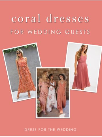 A collage of three pictures of models wearing coral dresses