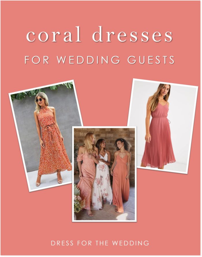 A collage of three pictures of models wearing coral dresses