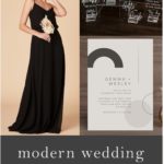 Long black dress, invitations, and wedding decor for a modern wedding
