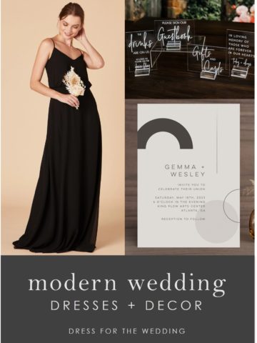 Long black dress, invitations, and wedding decor for a modern wedding