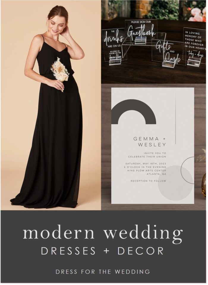 Long black dress, invitations, and wedding decor for a modern wedding