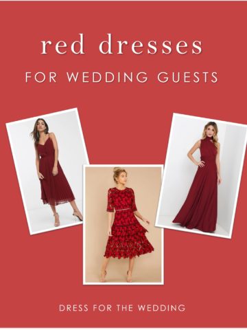 Three photos of red dresses showing guest of wedding dresses in the shade of red.