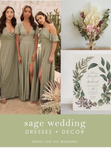 A collage of bridesmaids in green dresses, wedding invitation and a bouquet