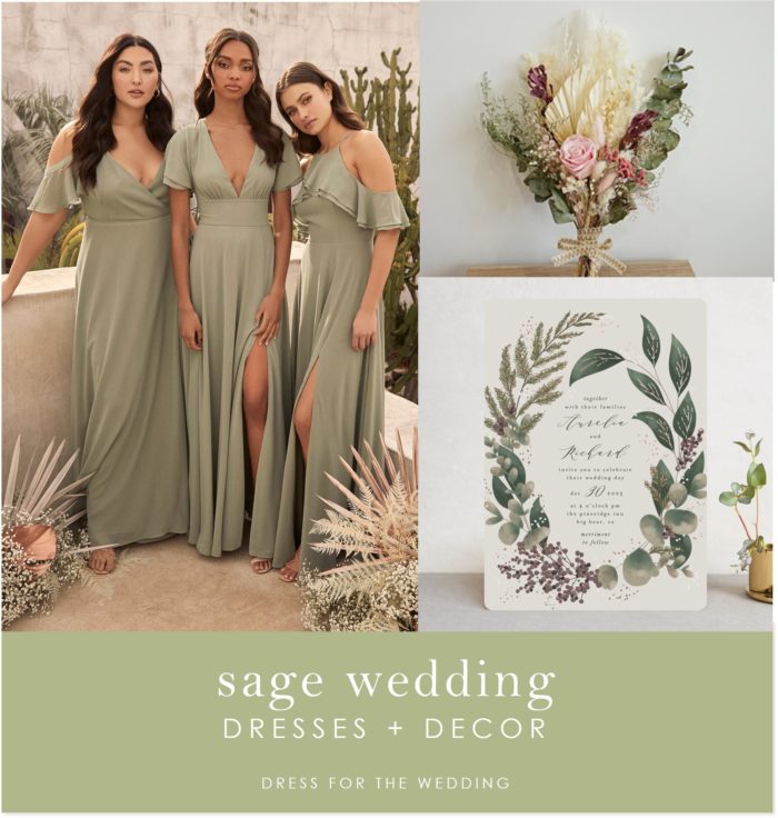 A collage of bridesmaids in green dresses, wedding invitation and a bouquet