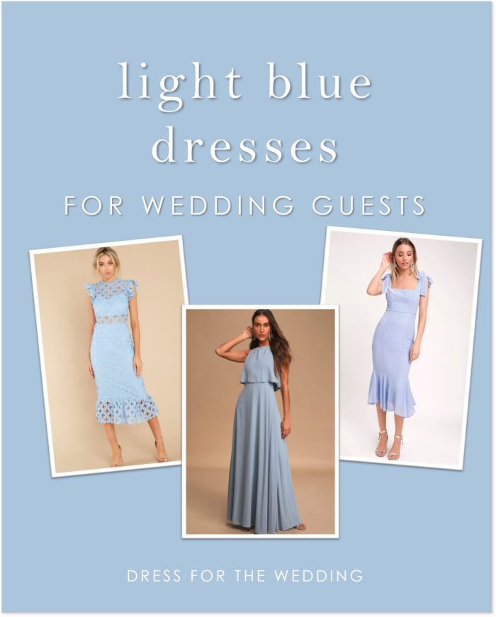 A collage of thre light blue dresses that are wedding appropriate