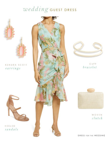 A collage of a wedding guest outfit with agreen dress, earrings, bracelet, shoes and clutch