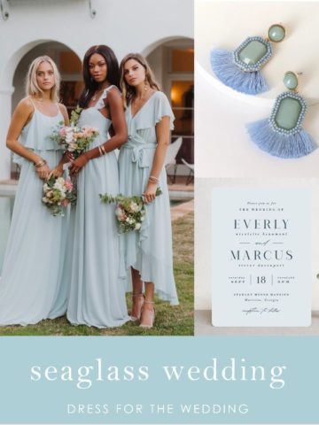 collage of three seaglass blue bridesmaid dresses earrings and wedding inviation