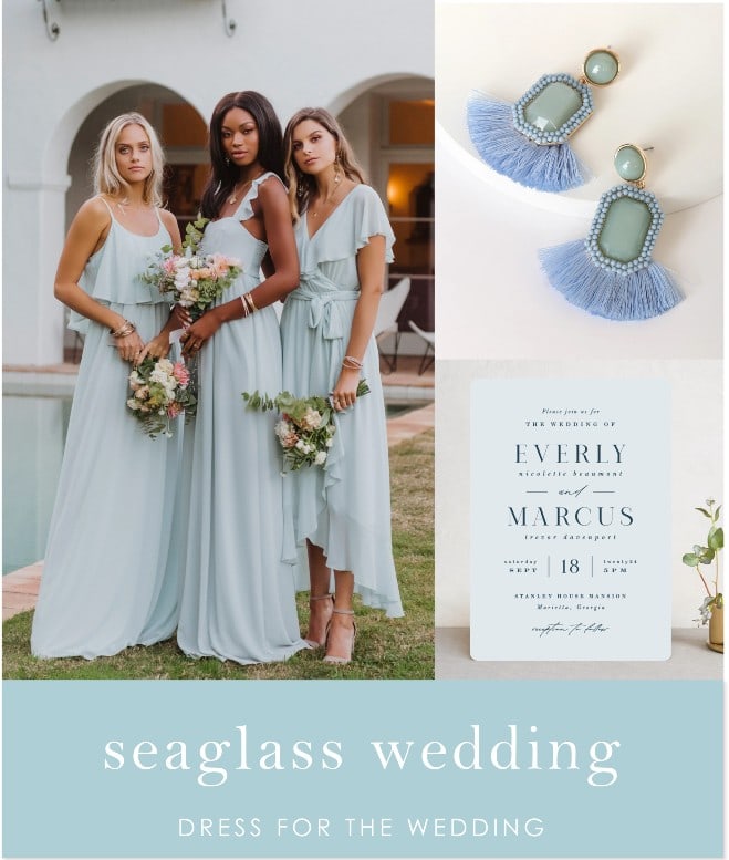 collage of three seaglass blue bridesmaid dresses earrings and wedding inviation