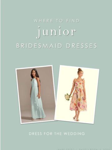 blue background with text where to find junior bridesmaid dresses with two dresses shown