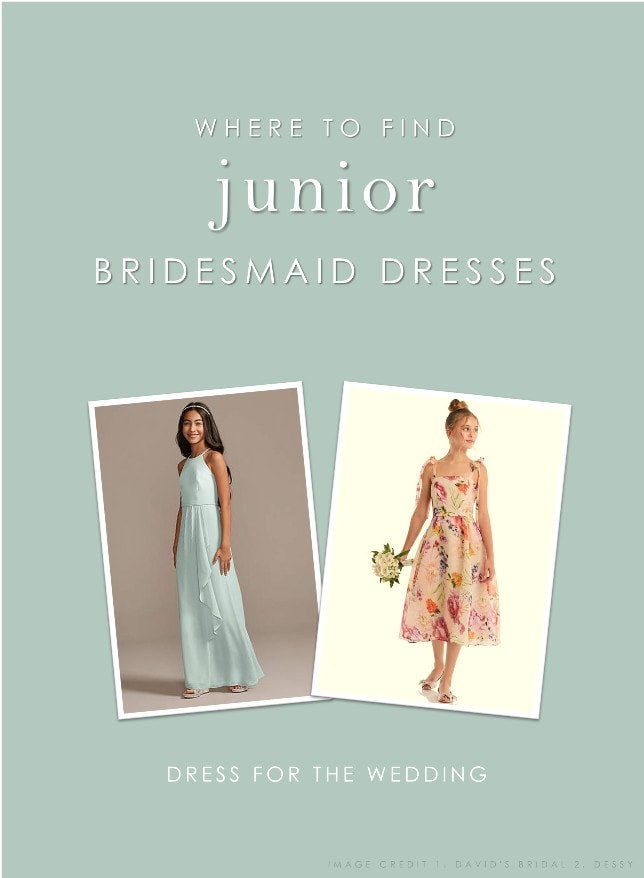 blue background with text where to find junior bridesmaid dresses with two dresses shown