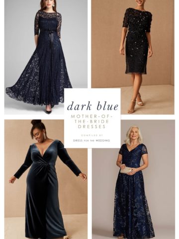 Four dark blue dresses for mothers of a wedding. One long sleeve lace blue gown, a short sequin cocktail dress, a velvet v neck gown with long sleeves, and a short sleeve blue gown all shown on models.