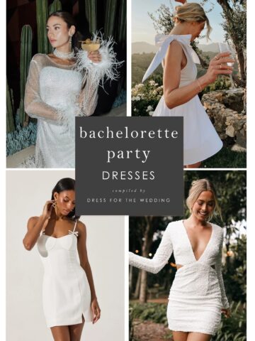 rectangle collage of 2 over 2 images of dresses on models for an article on bachelorette party dresses