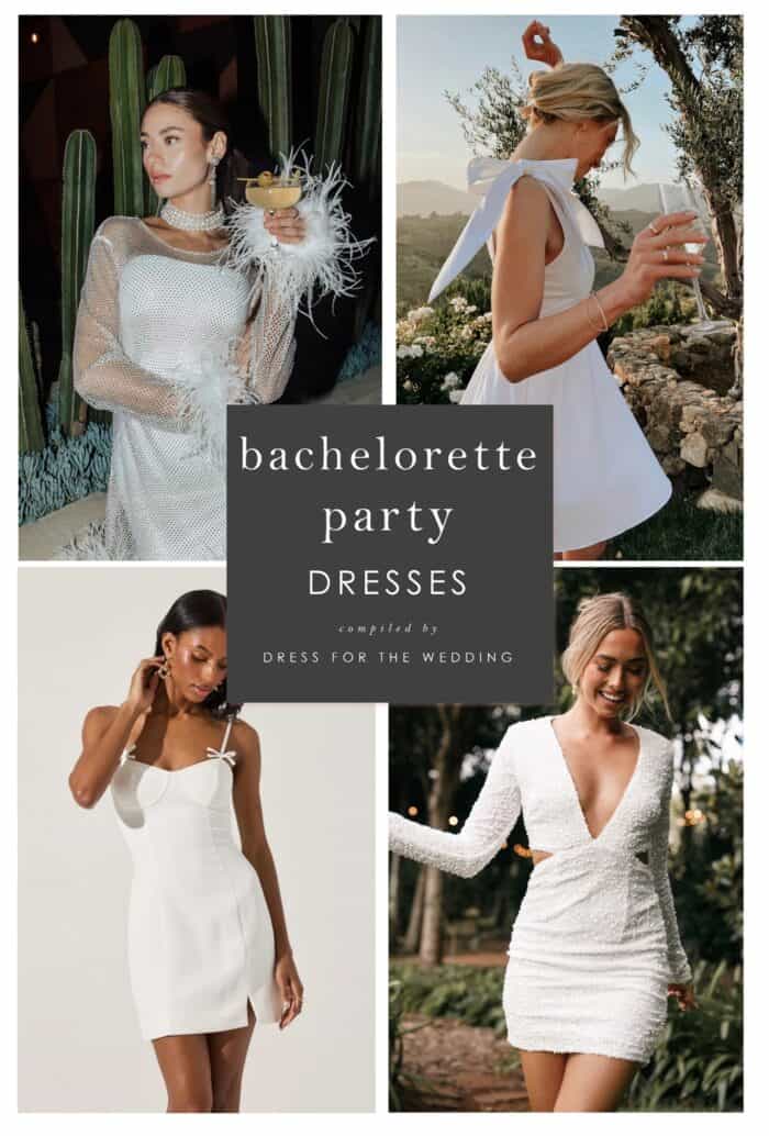 rectangle collage of 2 over 2 images of dresses on models for an article on bachelorette party dresses