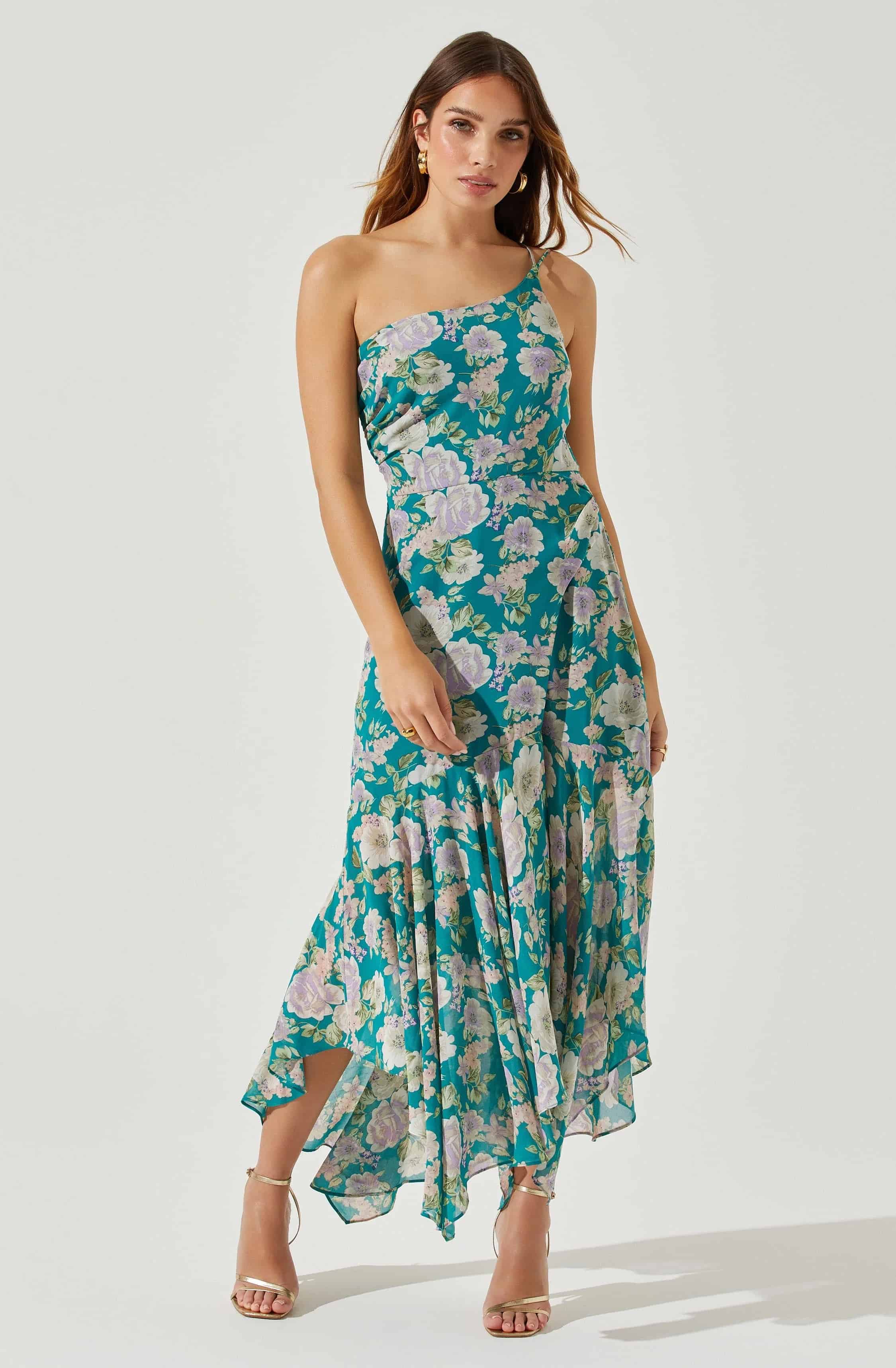 Green floral one shoulder dress shown on a model (product)