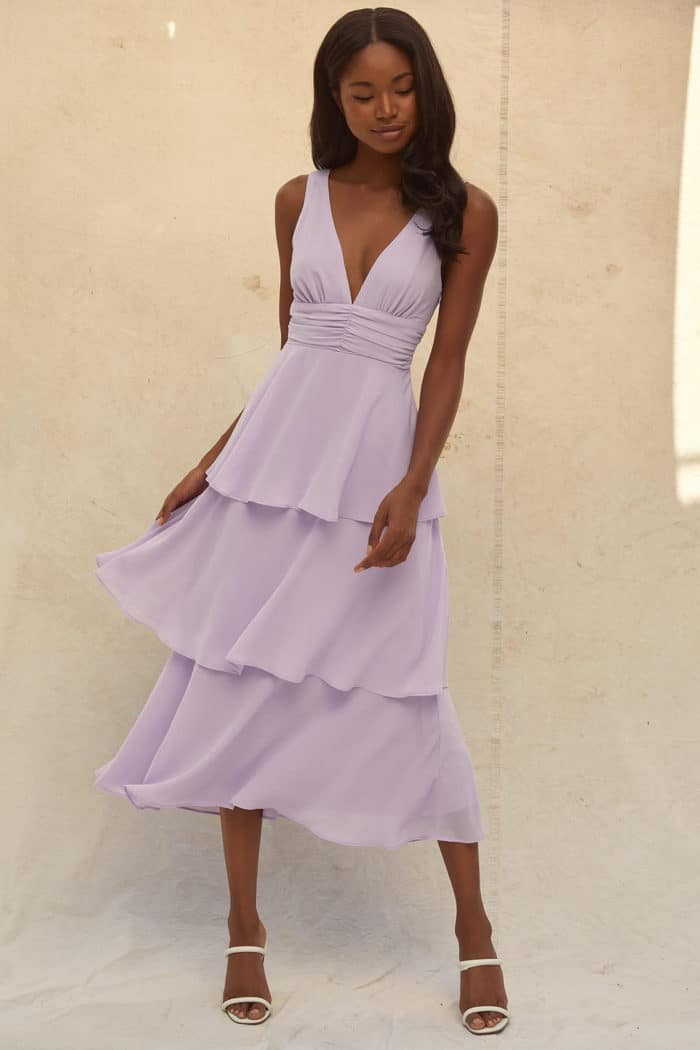lavender tiered dress on model