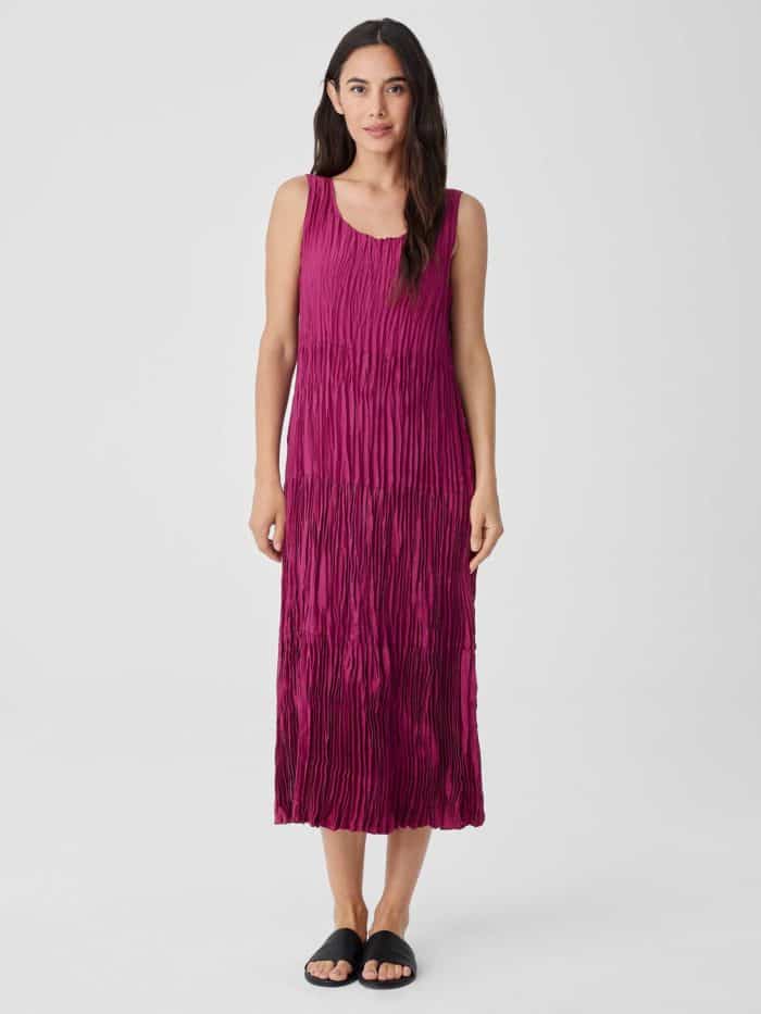 Hot pink loose fitting sleeveless dress on model