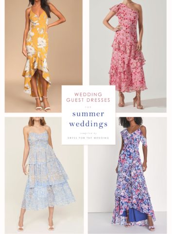 Collage of 4 summery dresses on models showing what to wear to a summer wedding. One yellow floral dress, one pink floral dress, one light blue lace dress, and one purple floral maxi dress is shown.