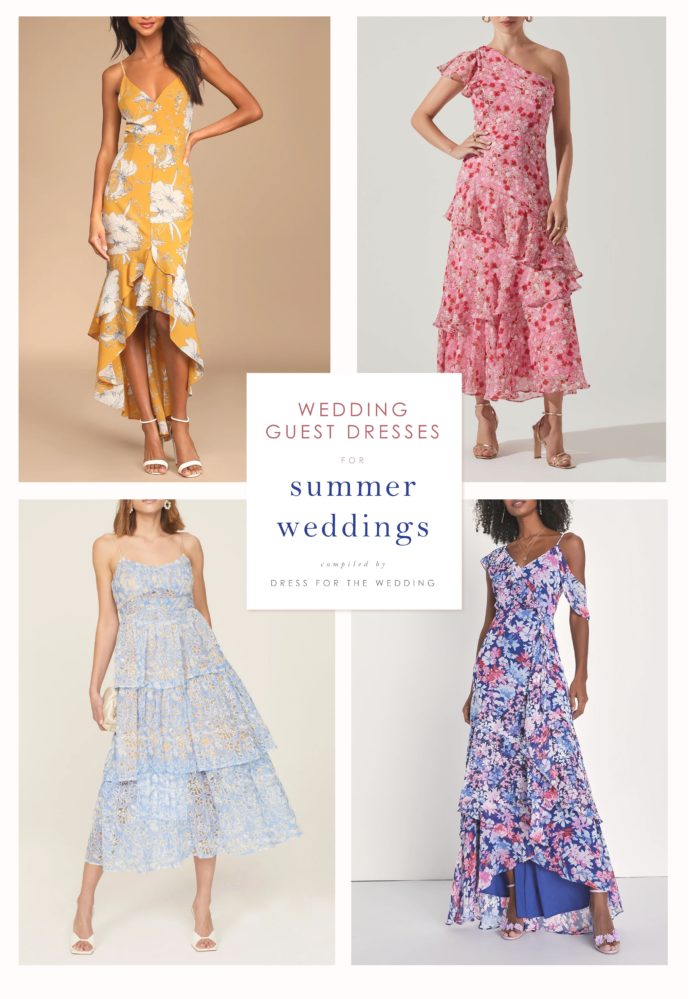 Collage of 4 summery dresses on models showing what to wear to a summer wedding. One yellow floral dress, one pink floral dress, one light blue lace dress, and one purple floral maxi dress is shown.