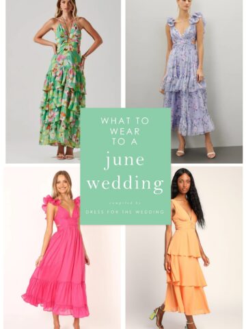 Collage of green, lavender, hot pink and orange dresses on models as an example of June wedding guest dresses.