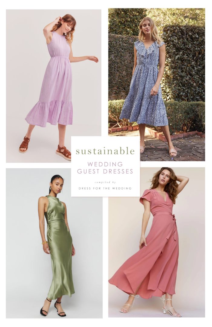 a collage of 4 styles of dresses from sustainable dress designers and brands, one purple linen dress, one blue floral dress, one satin sage green dress, and a rose pink wrap dress