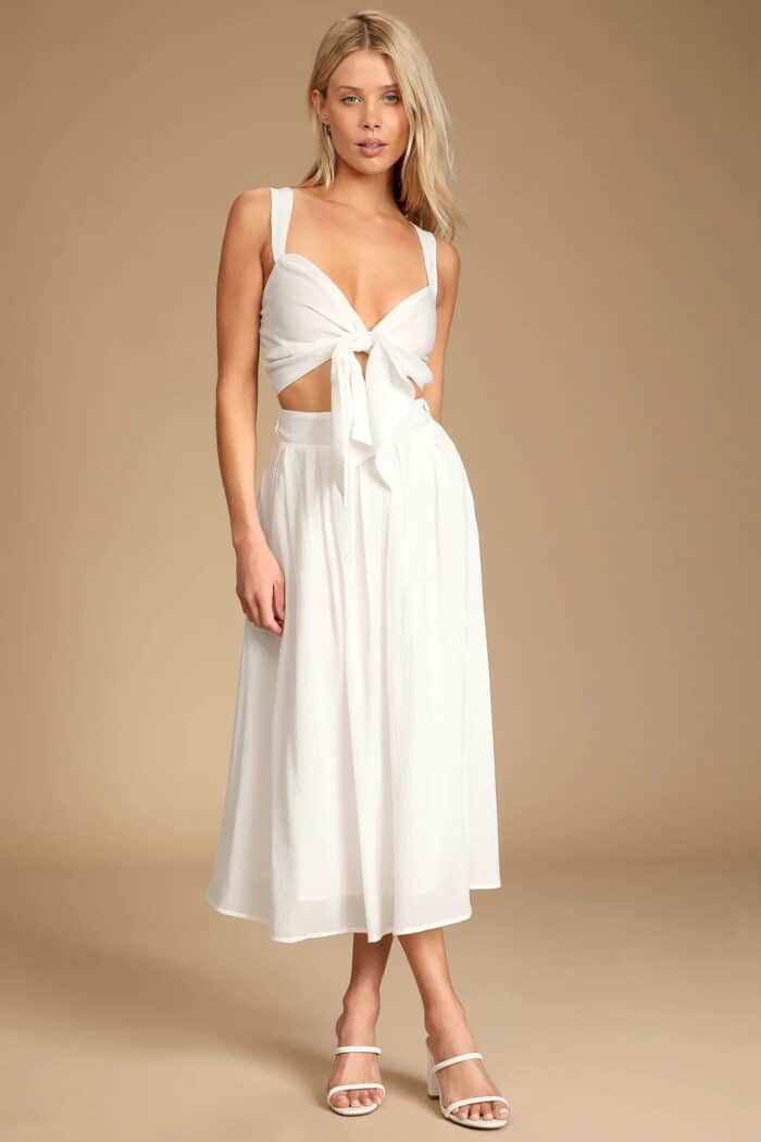white midi dress shown on model