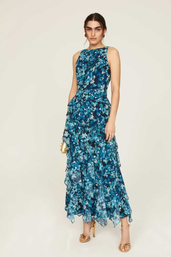Blue floral dress on model