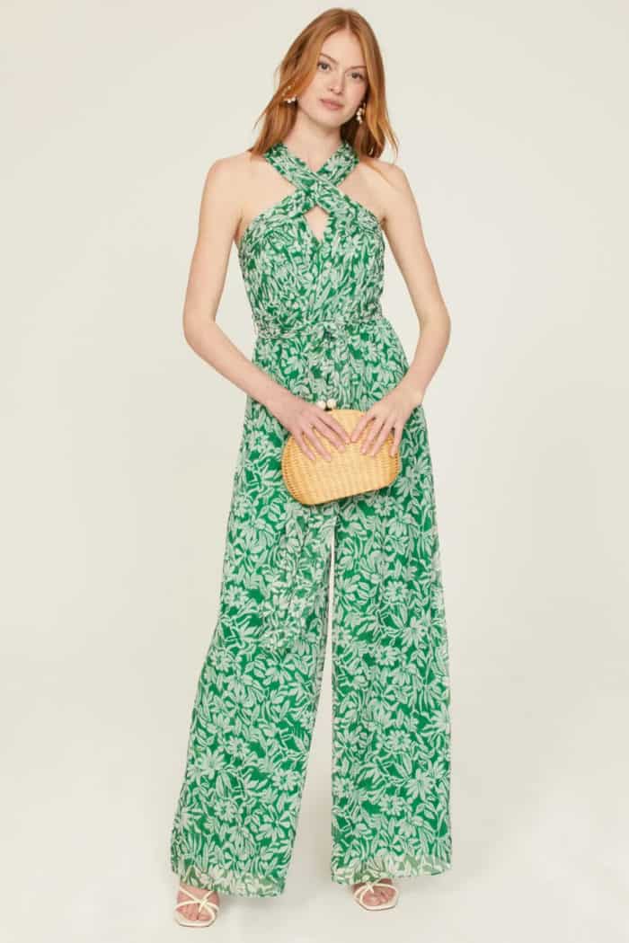 Green floral jumpsuit on a model